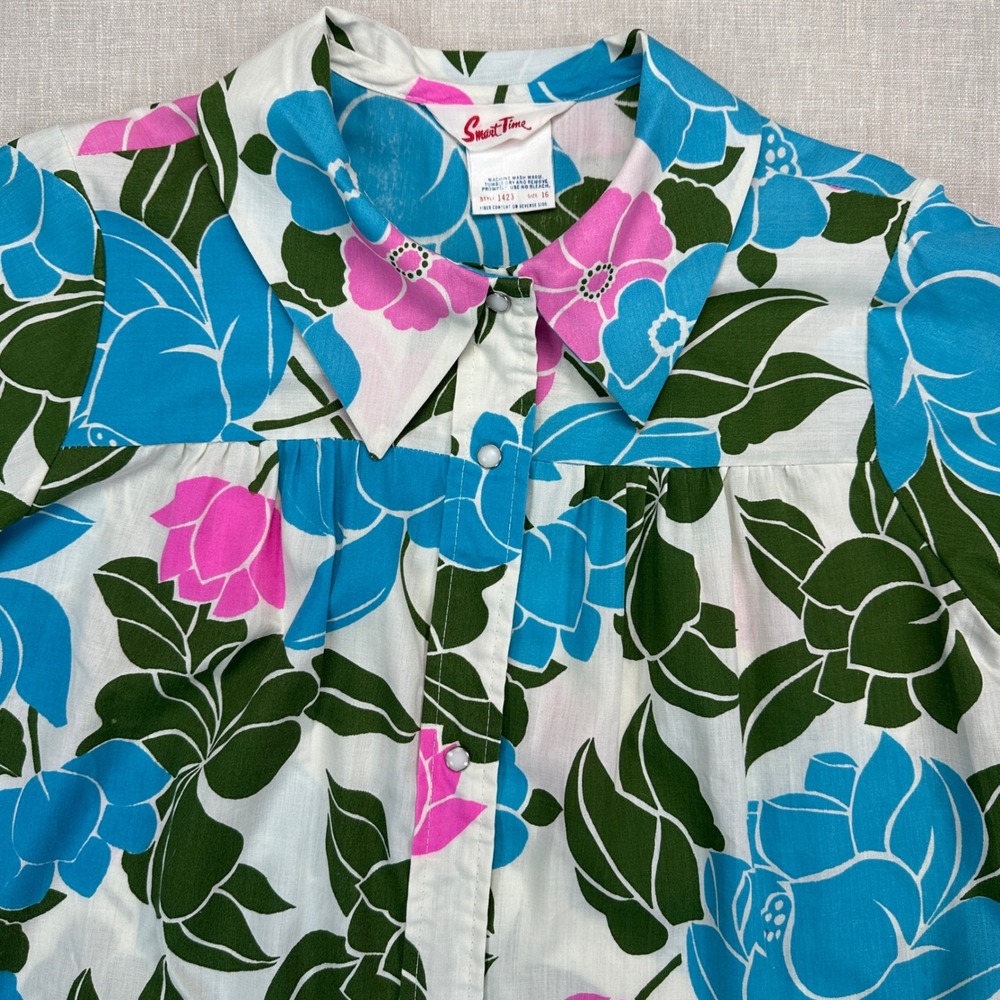 Vtg Retro House Dress Sz 16 Blue Pink Green Floral Muu Muu Duster Smart Time - Picture 4 of 10